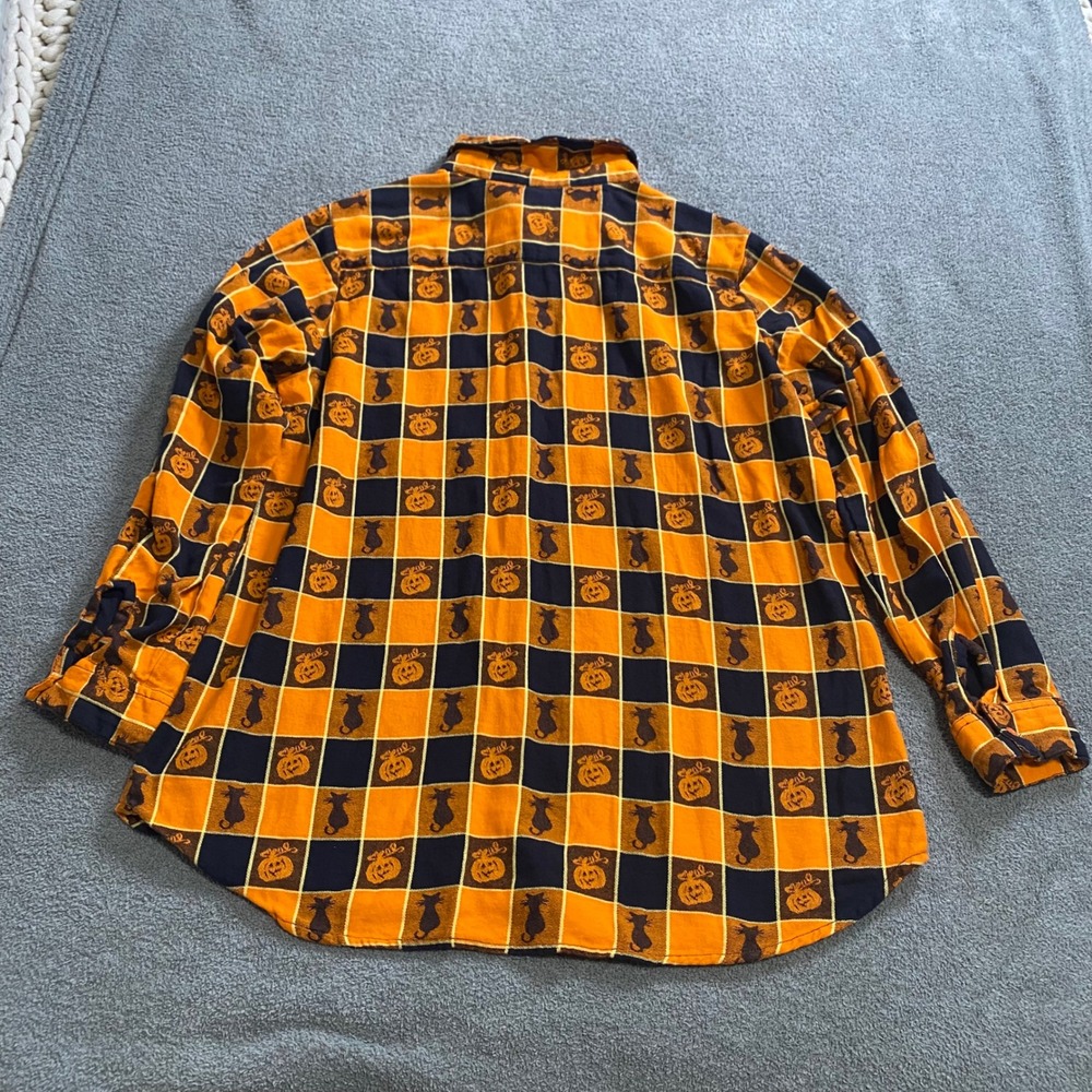 Collections Etc Halloween Shirt Womens XL Orange Black Cat Pumpkin Button Down - Picture 3 of 7